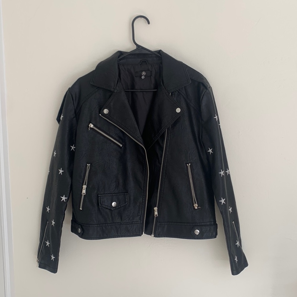 Misguided Black Leather Star Embroidered Jacket
